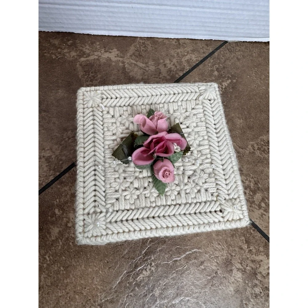 Vintage Floral Needlepoint Coasters Set of 4 Pink Rose Square 4x4